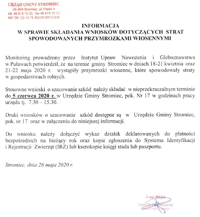 Info. w spr. wnioskow dot. strat sp. przymrozkami