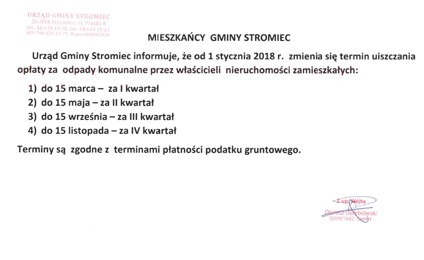 Informacja dla mieszkancow- 1.01.2018 r.