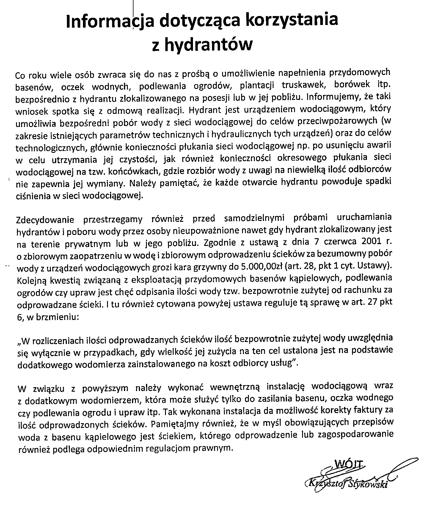 nformacja dot. korzystania z hydrantow