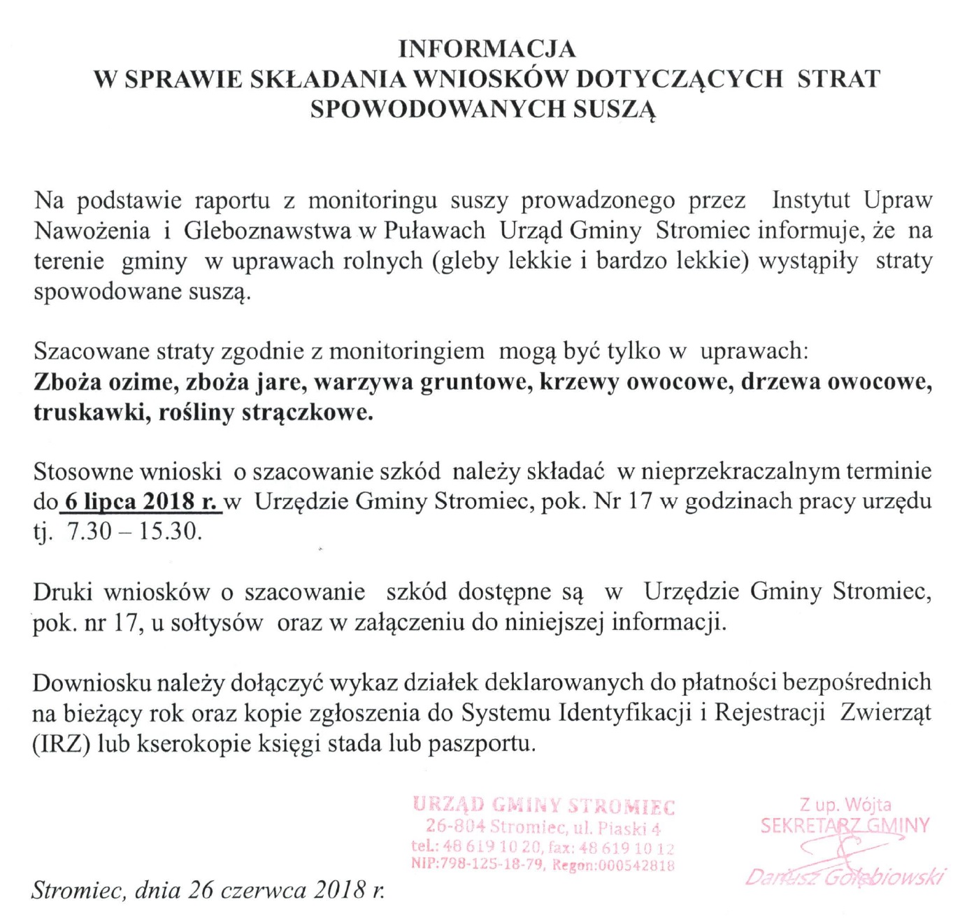 Informacja w sprawie suszy czerwiec 2018