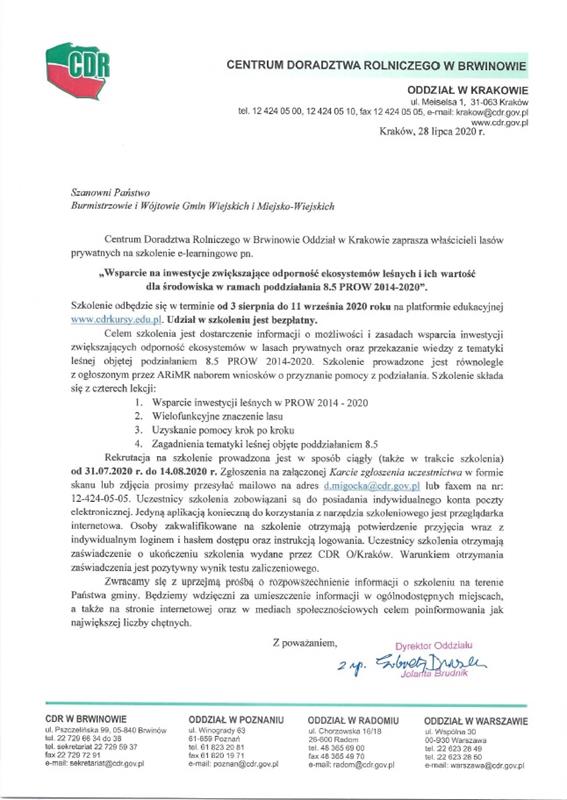 szkolenie - 29.07.2020/Wsparcie na inwestycje zwiekszajace odpornosc ekosystemow lesnych i ich wartosc dla srodowiska w ramach poddzialania 8.5 PROW 2014-2020